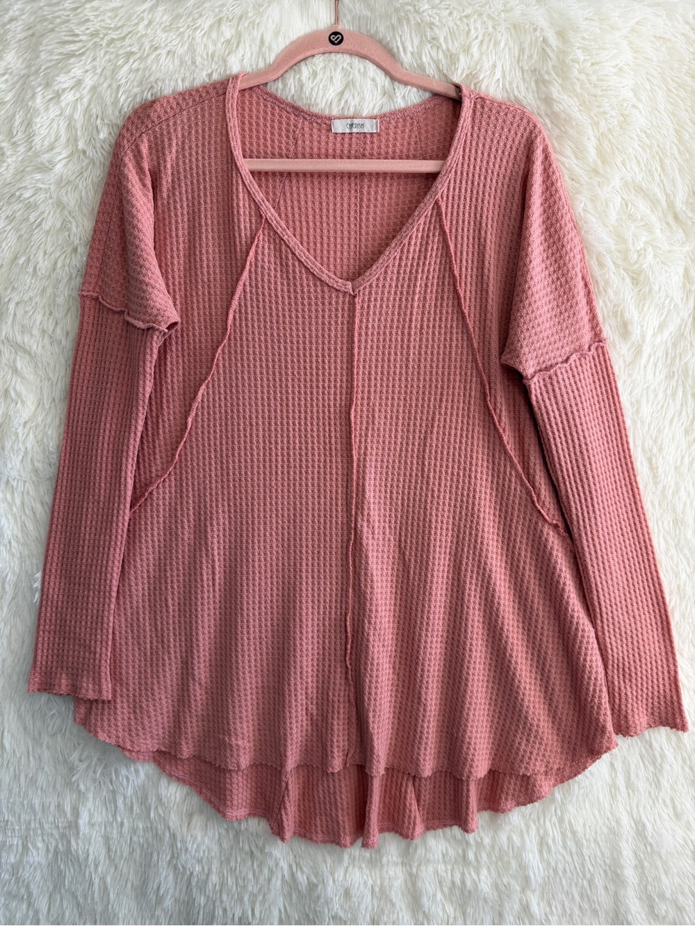 Cherish Womens Boho Indie Sleaze Oversized Waffle Knit Top Size S Pink Raw Hem